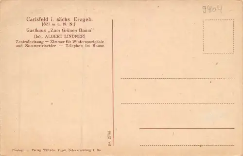 Carlsfeld i. sächs. Erzgeb. Gasthaus "Zum Grünen Baum" Postkarte AK