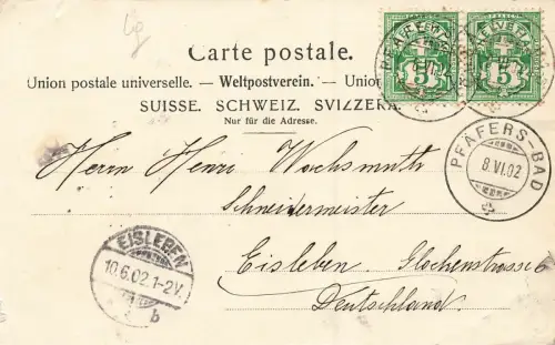 Rückseite von Bad Pfäfers Schweiz Postkarte AK 1902