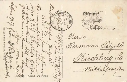 Abend am Hafen mit Dampfer in Kolberg Pommern Postkarte AK 1927