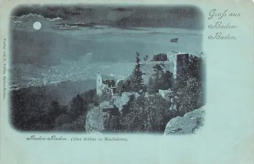 Gruß aus Baden-Baden Altes Schloss im Baden-Württemberg Mondschein-Postkarte AK