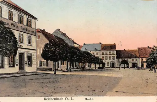 Markt mit Spirituosen Laden Reichenbach Oberausitz Sachsen Postkarte AK 1913