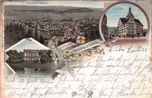 Gruss aus Friedrichroda Thüringen Rathaus und Schloss Litho Postkarte AK 1897
