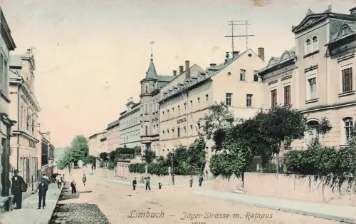 Straßenansicht Jäger Straße mit Rathaus Limbach Sachsen Postkarte AK 1913