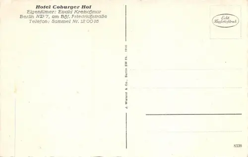 Berlin Hotel Coburger Hof Empfangshalle Postkarte