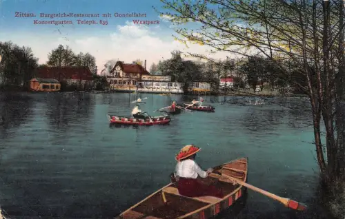 Westpark Burgteichrestaurant mit Gondelfahrt Zittau Sachsen Postkarte AK 1917