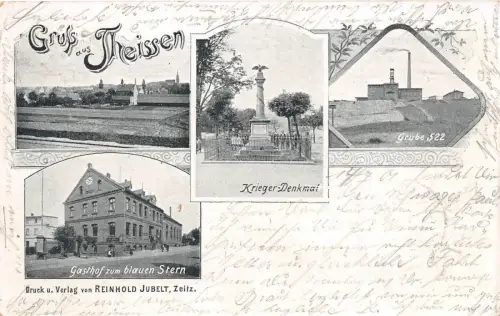 Gruss aus Theissen Gasthof blauen Stern Grube Krieger Denkmal Litho Postkarte