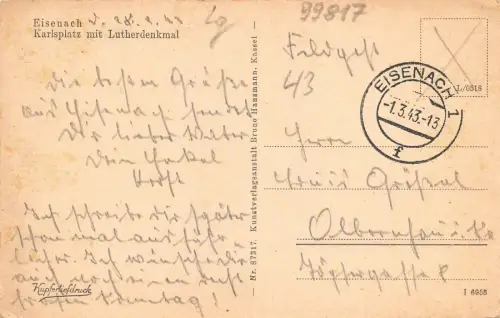 Karlsplatz mit Lutherdenkmal Eisenach Thüringen Postkarte AK 1943