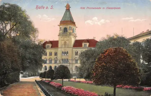 Halle a. S. Alte Promenade m. Hauptpost Feldpostkarte 1916