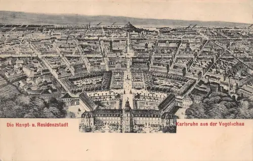 Die Haupt- u. Residenzstadt Karlsruhe aus der Vogelschau Baden-Württemberg AK