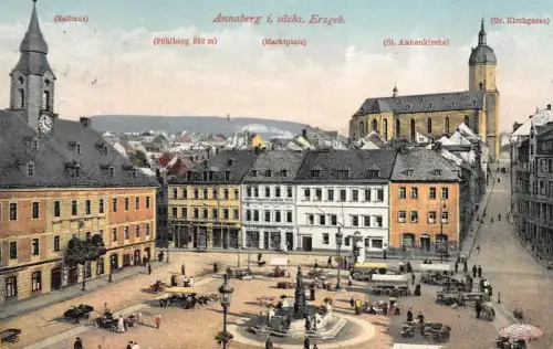 Marktplatz mit Rathaus und Annenkirche Annaberg Erzgebirge Sachsen AK 1926