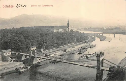 Tetschen Schloss und Kettenbrücke Postkarte AK 1905