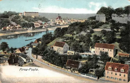Pirna-Posta Ansicht Elbe Postkarte AK 1908