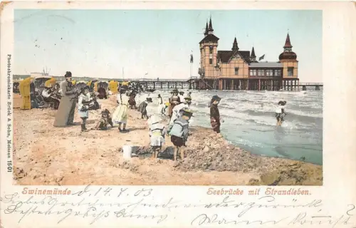 Swinwmünde / Świnoujście Westpommern Seebrücke mit Strandleben Kinder 1903