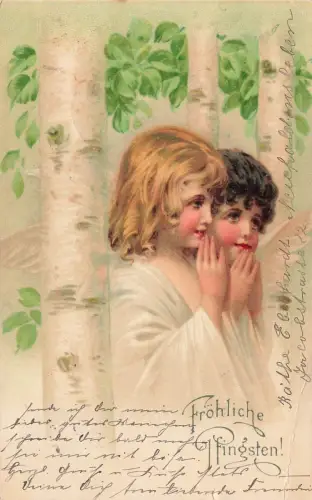 Fröhliche Pfingsten! Birke Pflanzen Kinder Beten Postkarte AK 1903