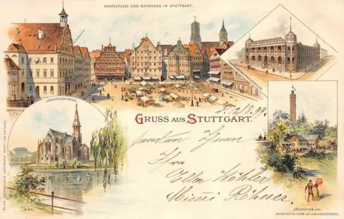 Gruss aus Stuttgart Jägerhaus, Kirche Baden Württemberg Litho Postkarte AK 1899