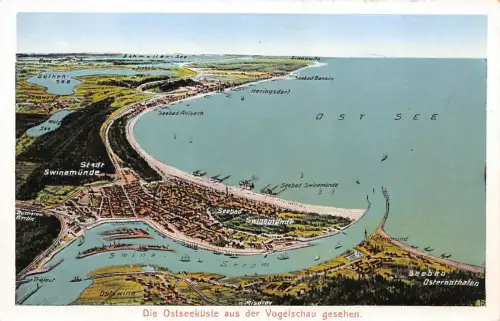Die Ostseeküste aus der Vogelschau gesehen Stadt Swinemünde Postkarte AK