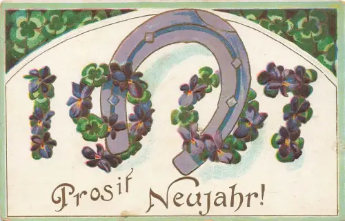 Prosit Neujahr 1907 Hufeisen Kleeblätter Postkarte AK