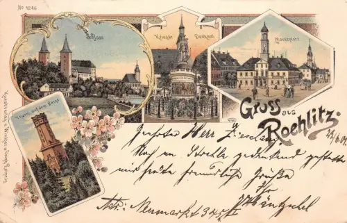 Gruss aus Rochlitz Schloss Marktplatz Thurm auf dem Berge Litho AK 1901