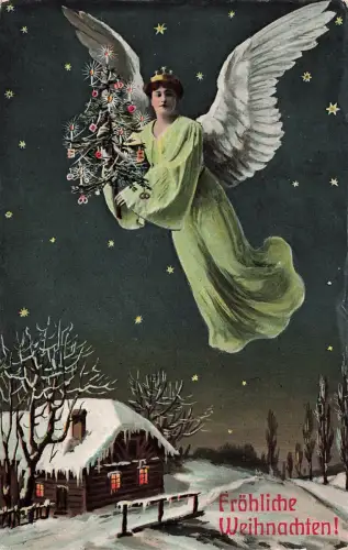 Fröhliche Weihnachten! Verschneites Haus Engel Kranz Postkarte AK 1908