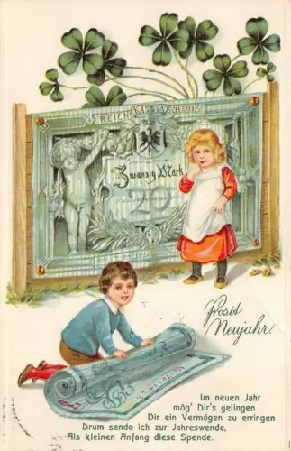 Neujahr Kinder mit Reichsanknoten AK geprägt 31.12.1913 Meinersdorf