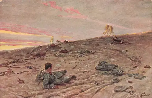 Soldat bei Morgenrot nach der Schlacht Patriotika Postkarte AK