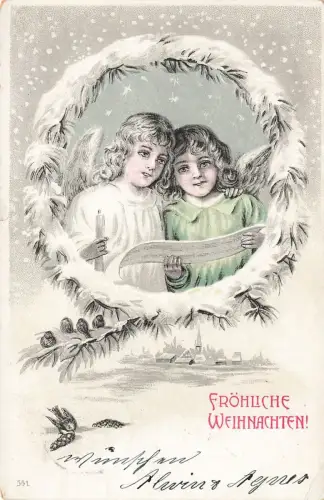 Fröhliche Weihnachten Schnee Dorf Kinder Engel Kerze Postkarte AK 1904