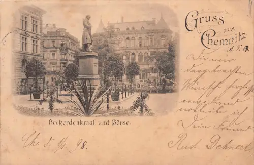 Chemnitz Sachsen Heckerdenkmal und Börse Postkarte 1898