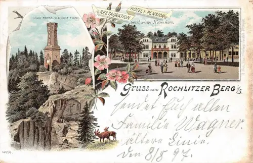 Gruss vom Rochlitzer Berg mit Restaurant und Turm Sachsen Litho AK 1897