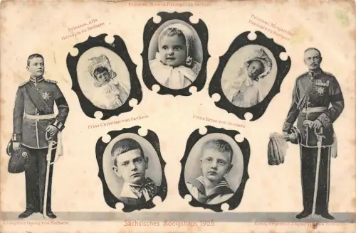 Sächsisches Königshaus mit König August und Prinz Georg Patriotika AK 1905