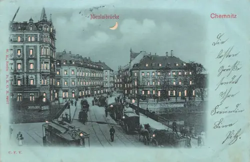 Ansicht Nicolaibrücke in Chemnitz Sachsen Halt gegen das Licht Postkarte AK 1900