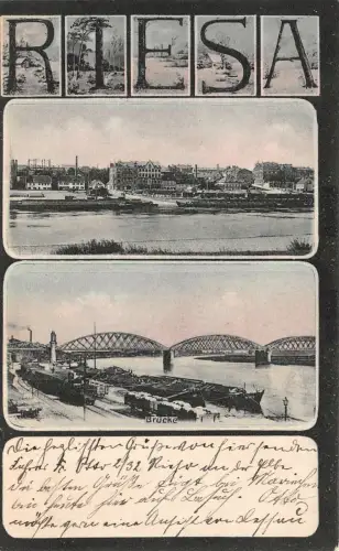 Riesa Panorama Ansicht Brücke Postkarte AK 1909
