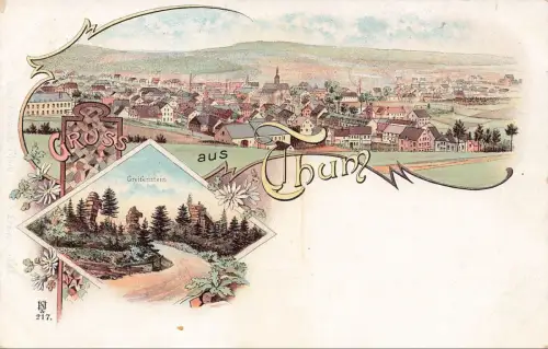 Gruss aus Thum Stadtansicht, Greifenstein Erzgebirge Sachsen Litho Postkarte AK