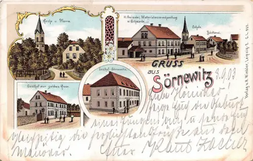 Sörnewitz Kirche Materialwarenhandlung Gasthof zur goldene Krone Litho 1903