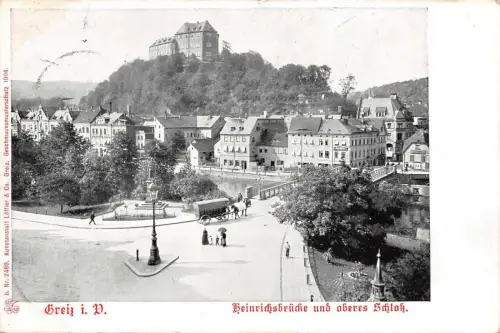 Greiz i. V. Heinrichsbrücke und oberes Schloß Postkarte AK 1907