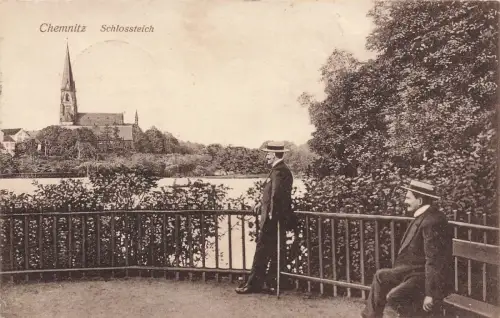 Blick auf den Schlossteich mit Kirche in Chemnitz Sachsen Postkarte AK 1915