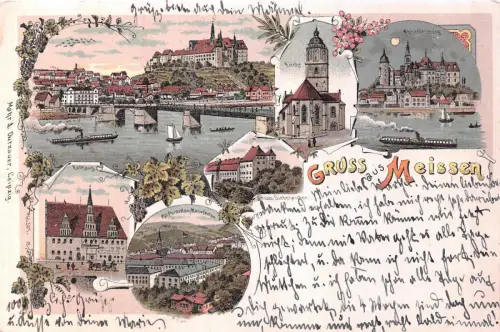 Gruss aus Meissen Albrechtsburg Kirche Schloss Siebeneichen Rathaus Litho AK