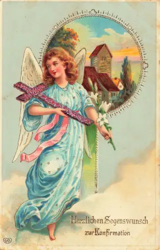 Herzlichen Segenswunsch zur Konfirmation Kirche Kreuz Engel Postkarte AK