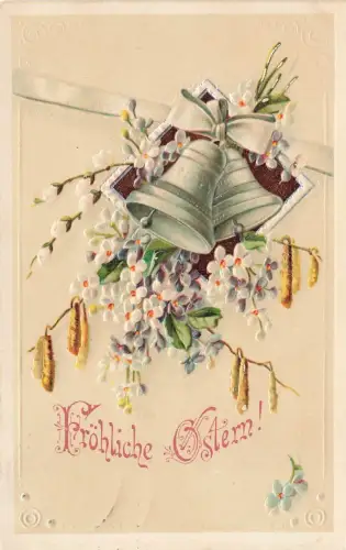 Fröhliche Ostern! Glocken Glöckchen Schleife Blümchen Postkarte AK 1912