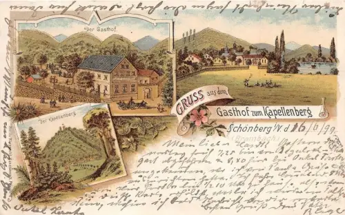Gruss aus Gasthof zum Kapellenberg Schönberg Vogtland Brambach Litho 1898