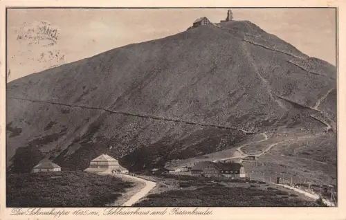 Die Schneekoppe 1605 m Schlesierhaus und Riesenbaude Postkarte AK 1931