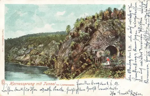 Harrassprung mit Tunnel bei Lichtenwalde Sachsen Postkarte AK 1902
