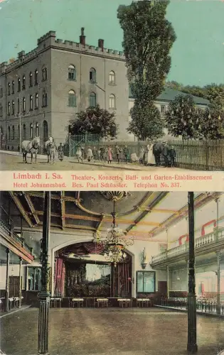 Hotel Johannesbad mit Innenansicht in Limbach Sachsen Postkarte AK 1918