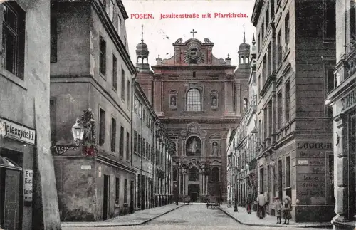 Posen Jesuitenstrasse mit Pfarrkirche Geschäfte, Laden Postkarte 1916