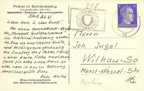 "Prälat in Schöneberg" Gaststätte Berlin Schöneberger Saal Postkarte AK 1943