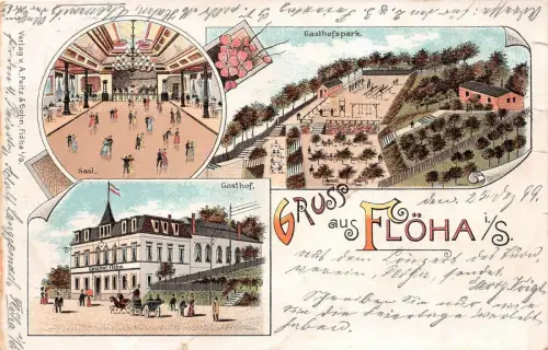 Gruss aus Flöha i./S. Gasthof Gasthofpark Saal Litho AK 1899