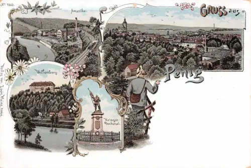 Gruss aus Penig Wolkenburg, Kriegerdenkmal Sachsen Litho Postkarte