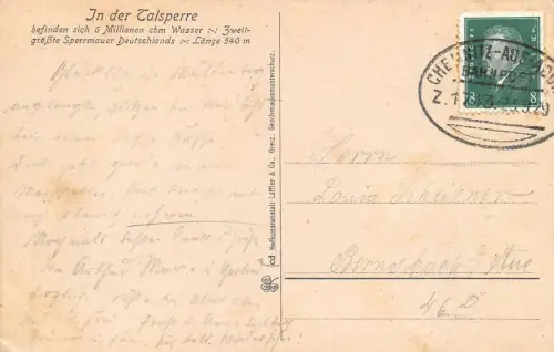Talsperre Muldenberg i. Vogtland Postkarte 1929