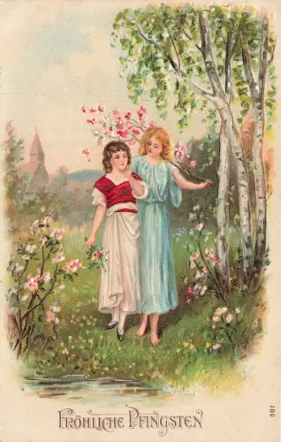 Fröhliche Pfingsten Mädchen Natur Wald Bäume Postkarte AK 1907
