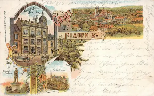 Gruß aus Plauen Schloß, Denkmal und Geschäftshaus Vogtland Sachsen Litho AK 1899