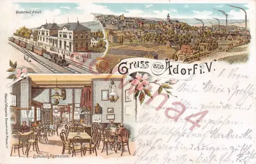 Guß aus Adorf Vogtland Bahnhof, Restaurant Litho Postkarte 1899